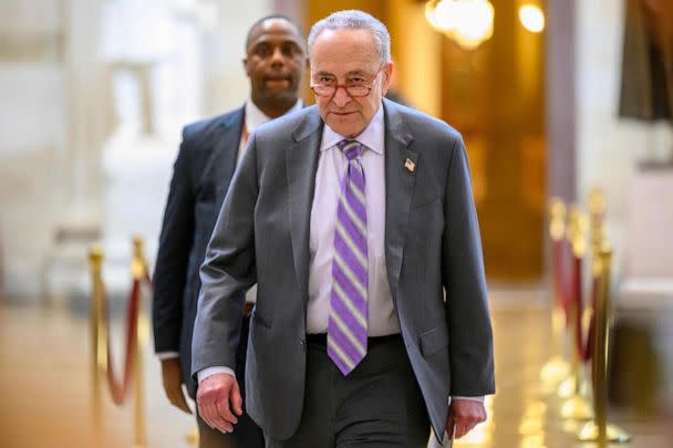 PHOTO: US Senate Majority Leader Chuck Schumer (D-NY) walks to a portrait unveiling for former US House Speaker Paul Ryan at the US Capitol, May 17, 2023, in Washington. (Mandel Ngan/AFP via Getty Images)