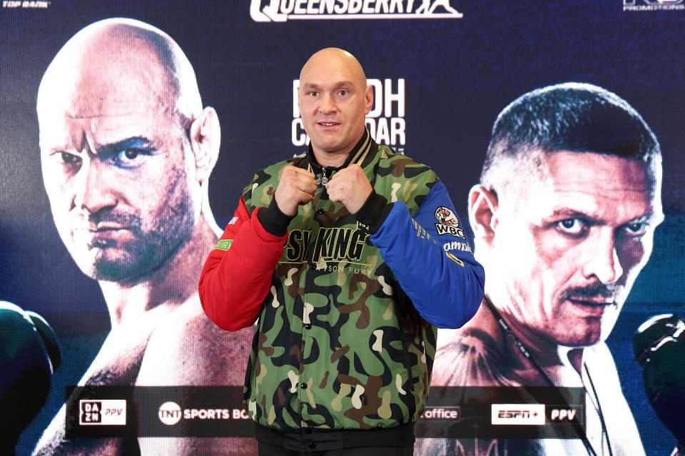 MORECAMBE, ENGLAND - APRIL 10: Tyson Fury poses for a photograph after a press conference ahead of the IBF, IBO, WBA, WBO and WBC Undisputed World Heavyweight title fight against Oleksandr Usyk on the 'RingÂ ofÂ Fire'Â card in Riyadh, Saudi Arabia at Mazuma Stadium on April 10, 2024 in Morecambe, England. (Photo by Nathan Stirk/Getty Images)