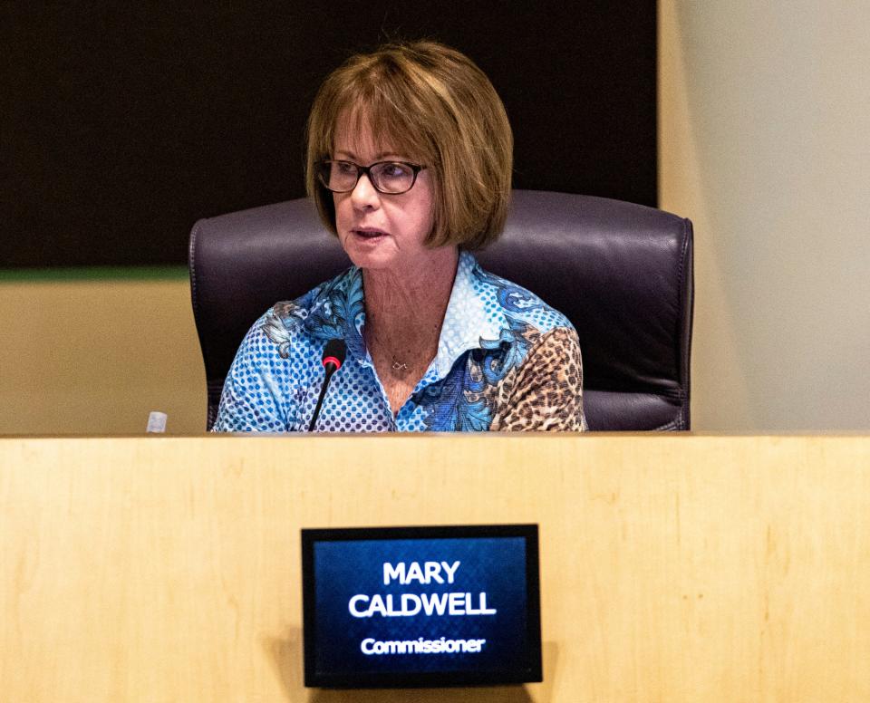 Commissioner Mary Caldwell asks questions during a presentation to the La Quinta Planning Commission at La Quinta City Hall in La Quinta, Calif., Tuesday, March 22, 2022.
