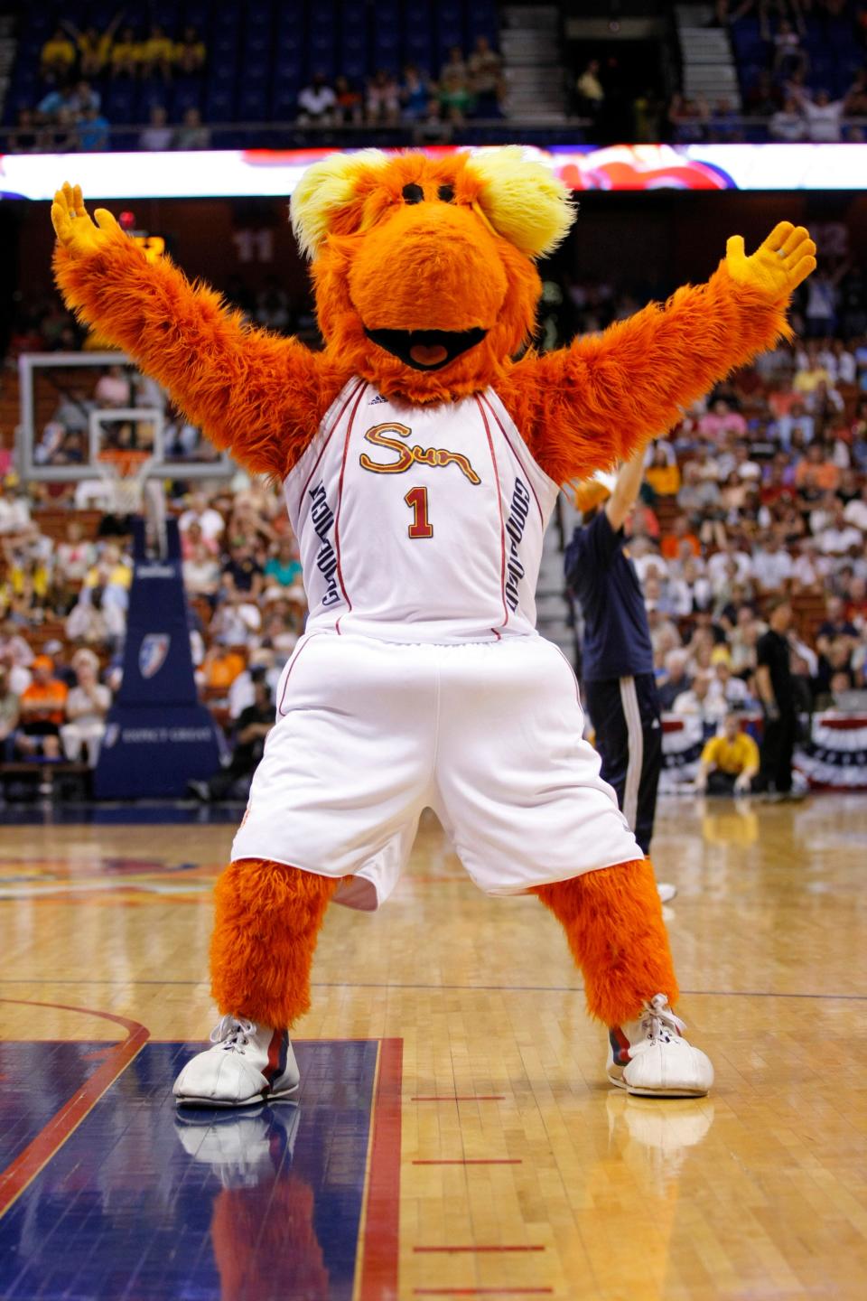 Connecticut Sun mascot entertains during a time-out against the New York Liberty during the second half at the Mohegan Sun Arena in July 2010.