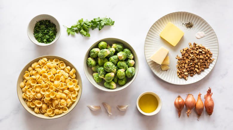 ingredients for recipe brown butter pasta with shaved Brussels sprouts