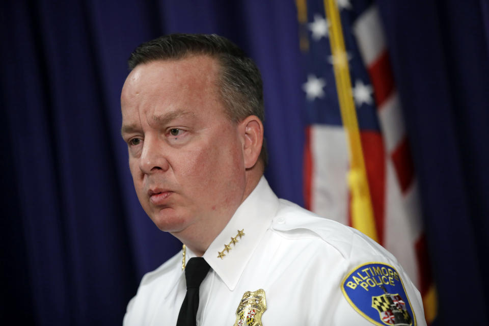 FILE - In this Tuesday, April 4, 2017 file photo, Baltimore Police Department Commissioner Kevin Davis speaks at a news conference at the department's headquarters in Baltimore, in response to the Department of Justice's request for a 90-day delay of a hearing on its proposed overhaul of the police department. Hundreds of Baltimore residents are expected to show up to offer commentary, critiques and recommendations regarding a proposed agreement to overhaul the city's troubled police force. A judge on Wednesday, April 5, 2017, denied a request to delay the hearing, calling the Trump administration's request a "burden and inconvenience." (AP Photo/Patrick Semansky, File)
