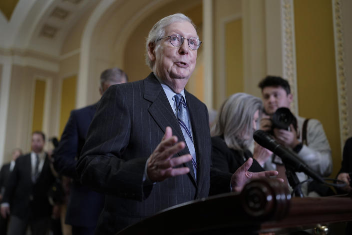 Senate Republican Leader Mitch McConnell, R-Ky., speaks to reporters following a lengthy closed-door meeting about the consequences of the GOP performance in the midterm election, at the Capitol in Washington, Tuesday, Nov. 15, 2022. (AP Photo/J. Scott Applewhite)