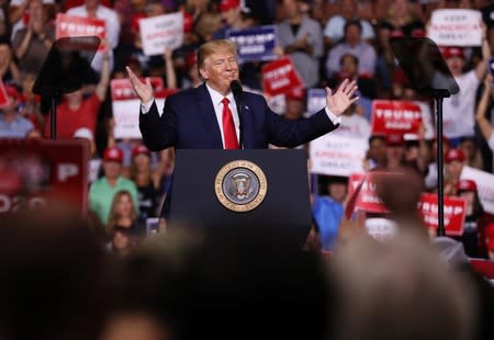 U.S. President Donald Trump rallies with supporters in Manchester