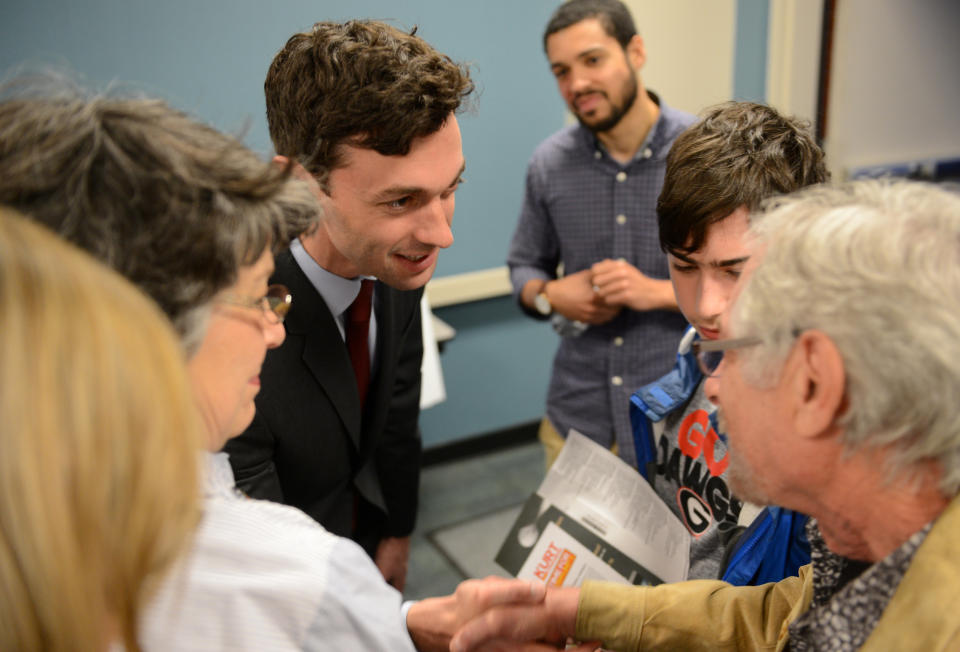 Democratic candidate Jon Ossoff greets supporters after the League of Women Voters' candidate forum for Georgia's 6th Congressional District special election to replace Tom Price, who is now the secretary of Health and Human Services, in Marietta, Georgia, U.S. April 3, 2017. Picture taken April 3, 2017. REUTERS/Bita Honarvar