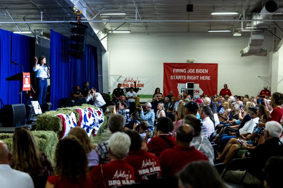 Republican presidential candidate Nikki Haley speaks during the Ashley's BBQ Bash fundraiser, Sunday, Aug. 6, 2023, at Hawkeye Downs in Cedar Rapids, Iowa.
