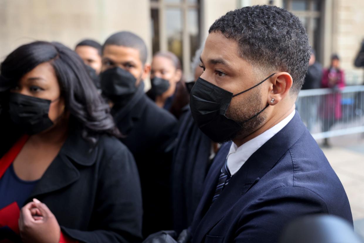 Former "Empire" actor Jussie Smollett arrives at the Leighton Courts Building for the start of jury selection in his trial on Nov. 29, 2021, in Chicago, Illinois. Smollett is accused of lying to police when he reported that two masked men physically and verbally attacked him, yelling racist and anti-gay remarks near his Chicago home in 2019.