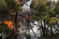 A firefighter tries to extinguish the flames on the trees in Varibobi area, northern Athens, Greece, Wednesday, Aug. 4, 2021. Firefighters in Greece are racing to fully contain a blaze on the outskirts of Athens that destroyed or seriously damaged dozens of homes overnight and forced thousands of residents to flee. Greece is enduring its worst heat wave in decades, with temperatures expected to reach 45 degrees Celsius, or 113 degrees Fahrenheit. (AP Photo/Thanassis Stavrakis)