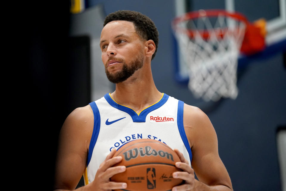 Golden State Warriors guard Stephen Curry's jersey shows the Rakuten sponsorship patch. Rakuten is one of the brands who has reached out about the WNBA expansion team in the Bay Area. (Cary Edmondson/USA TODAY Sports)