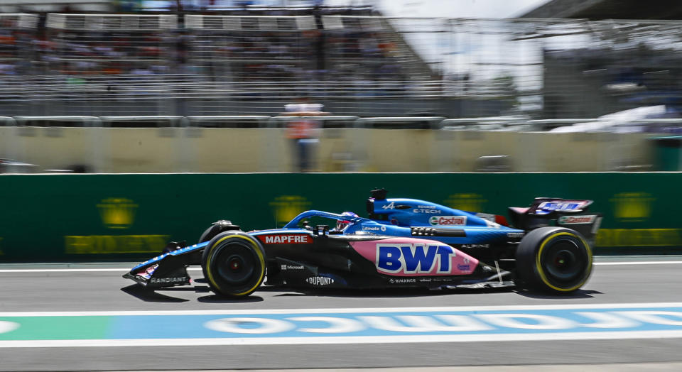 Alpine driver Fernando Alonso, of Spain, steers his car during the second practice session at the Interlagos race track in Sao Paulo, Brazil, Saturday, Nov. 12, 2022. The Brazilian Formula One Grand Prix will take place on Sunday. (AP Photo/Marcelo Chello)