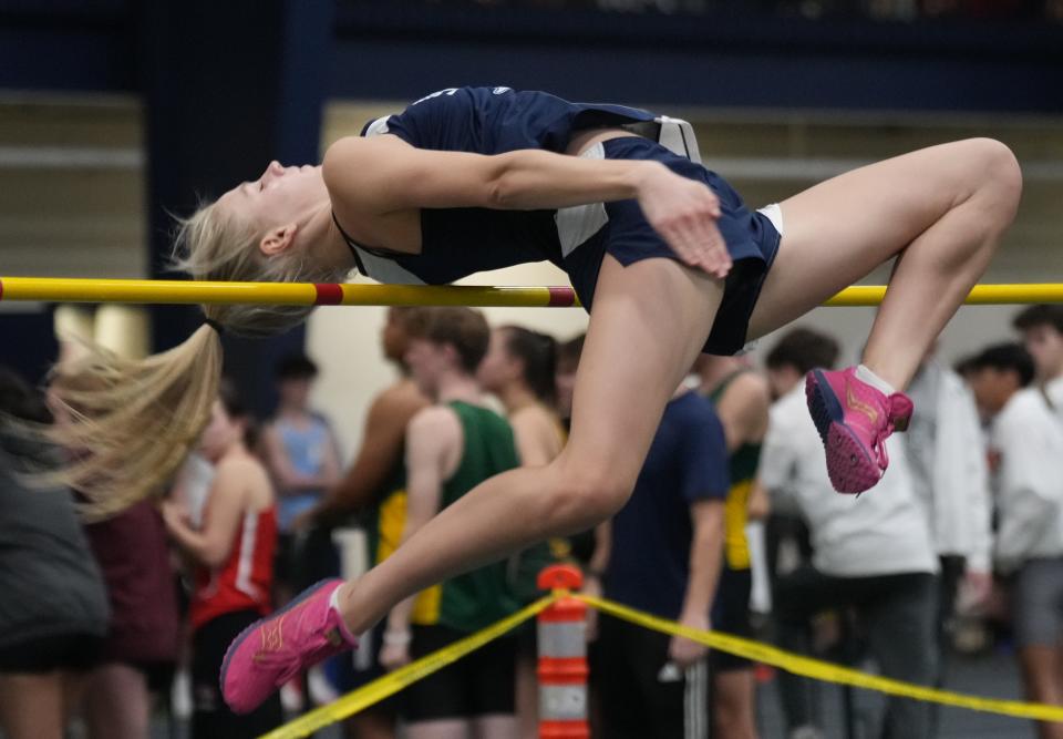 Elsa Spoor of Chatham in the high jump at the Morris County Relays held at Drew University in Madison, NJ on January 3, 2023.