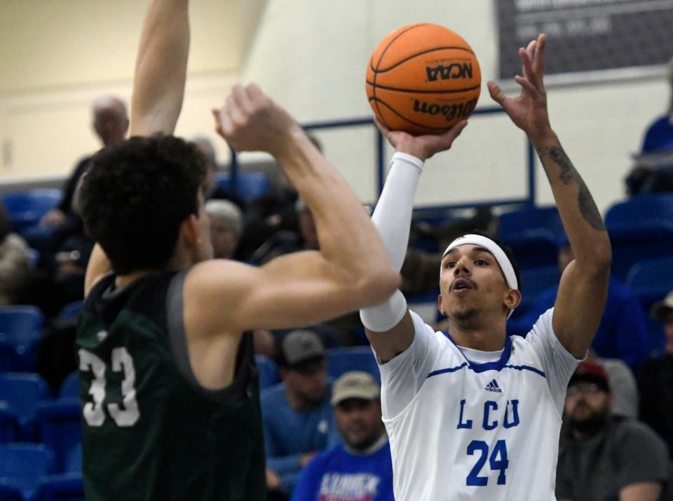 Russell Harrison (24), pictured in a home game last week, scored 17 points Thursday night to fuel Lubbock Christian University to a 58-48 road victory at UT Tyler.