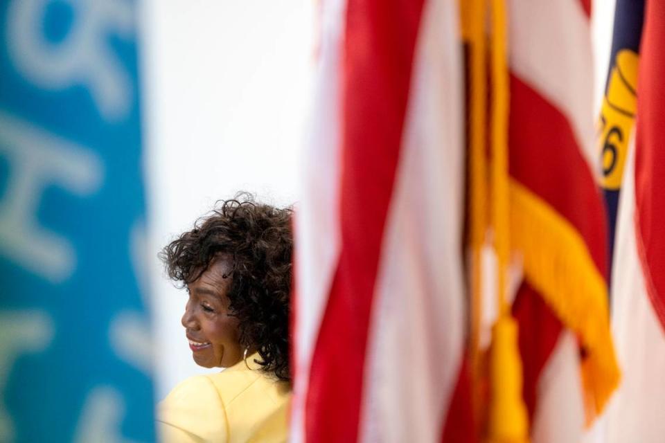 Brenda Howerton, chair of the Durham Board of County Commissioners, is framed by flags during an interview on Wednesday, Feb. 22, 2023, in Durham, N.C.