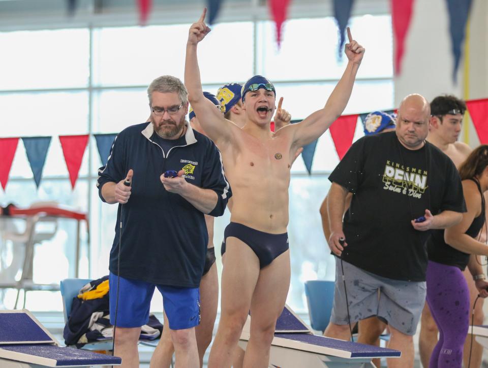Ignatius Ruszkowski of South Bend Riley celebrates after the 200 Yard Medley Relay during the NIC Boys Swimming Finals Saturday, Jan. 28, 2023 at the Elkhart Aquatics Center.