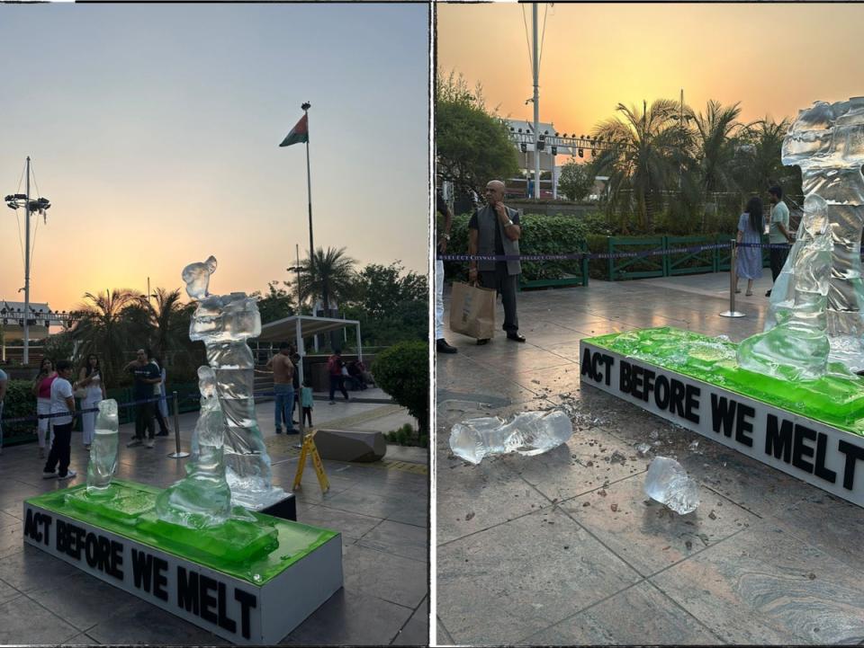 An ice sculpture setup by Greenpeace India in Delhi melts within hours (Shweta Sharma/The Independent)