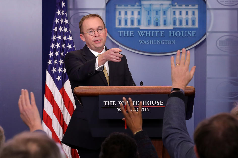 <p>Office of Management and Budget Director Mick Mulvaney talks to reporters during a news conference about the ongoing partial shutdown of the federal government at the White House, Jan. 20, 2018 in Washington. (Photo: Chip Somodevilla/Getty Images) </p>