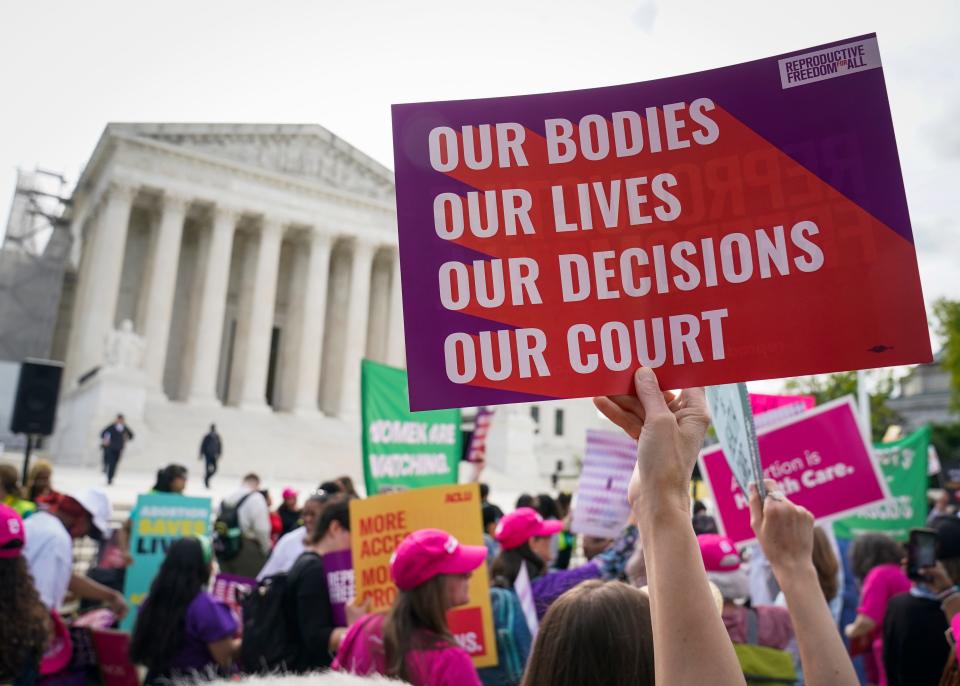 Protestors rally outside the Supreme Court as the justices hear oral arguments in Idaho v. United States on April 24, 2024 in Washington, DC. At issue in the case is Idahoâ€™s Defense of Life Act, which prohibits abortions unless necessary to save the life of the mother.
