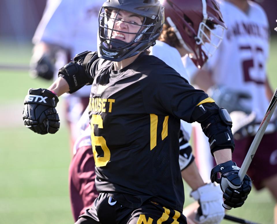 Quinn Mucha of Nauset Regional reacts after scoring the fifth goal in their 13-5 win over Falmouth on Thursday.