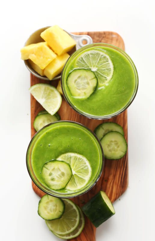 <p>A creamy, 6-ingredient cucumber smoothie with coconut, lime, pineapple and greens! A nutrient-rich, refreshing smoothie that will beautify you from the inside out!</p><p><strong>Get the recipe: <a href="https://minimalistbaker.com/creamy-pineapple-cucumber-smoothie/" rel="nofollow noopener" target="_blank" data-ylk="slk:Creamy Pineapple Cucumber Smoothie;elm:context_link;itc:0;sec:content-canvas" class="link ">Creamy Pineapple Cucumber Smoothie</a></strong></p>