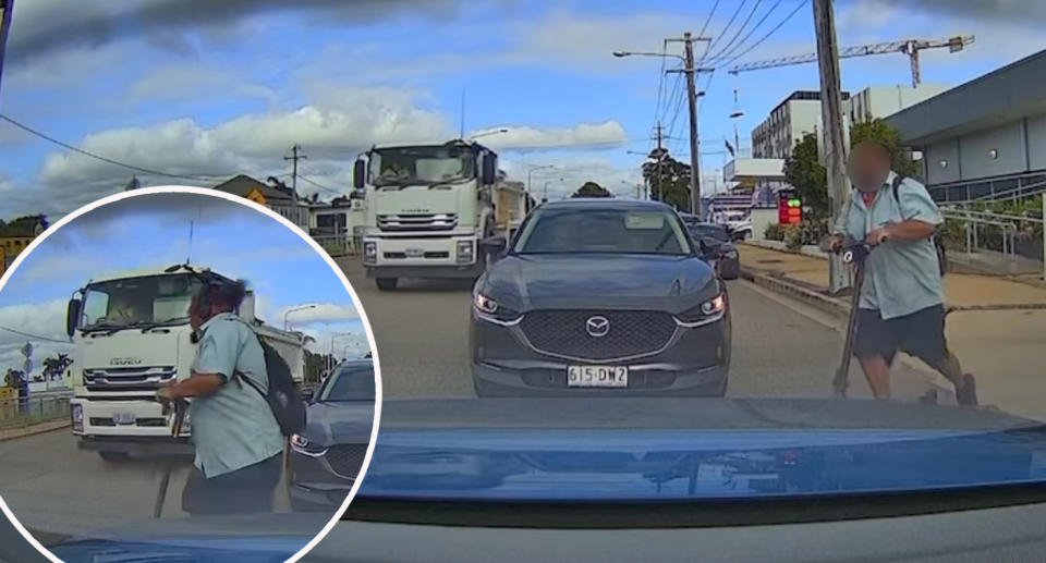 Teen riding e-scooter crosses onto a road on Townsville in front of an oncoming truck. 