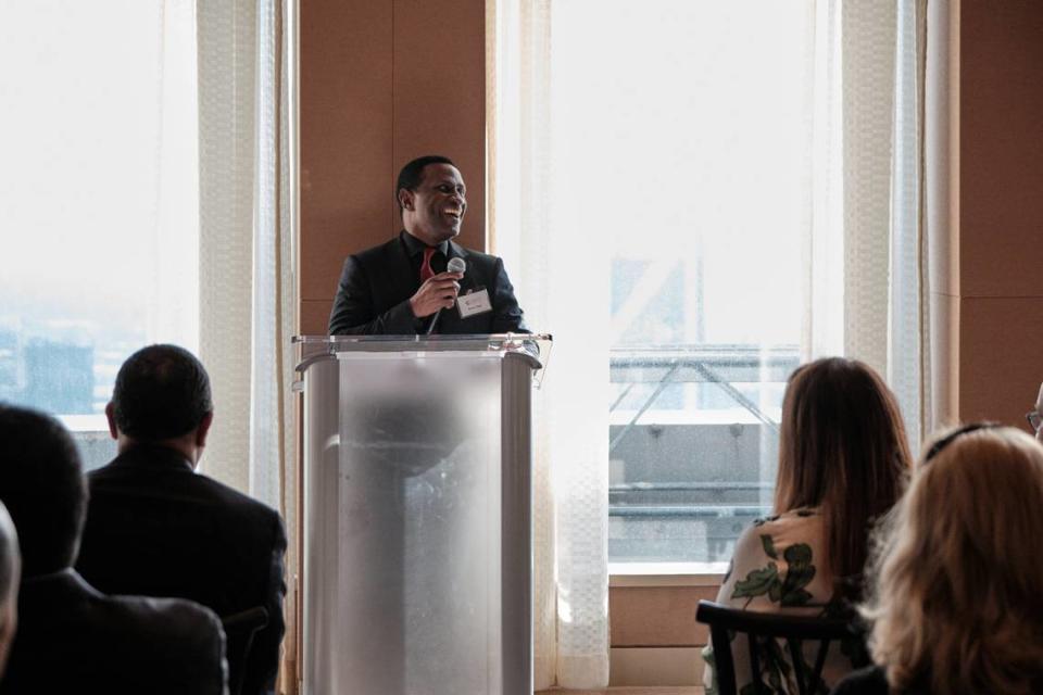 Charlotte Symphony Music Director Kwamé Ryan addresses a group philanthropists and community leaders at a CSO event April 2, 2024, in Bank of America headquarters.