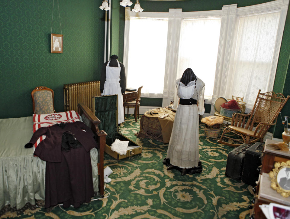 This March 19, 2012 photo shows Molly's bedroom in the Molly Brown House Museum in Denver. A few blocks from Colorado's state Capitol _ over 1700 miles from the Atlantic Ocean and a mile above sea level _ is a museum dedicated to a woman eclipsed by legend following the sinking of the Titantic. The "unsinkable Molly Brown" moved into this stone Victorian home after she and her husband struck it rich at a gold mine in Colorado's mountains, nearly 20 years before she boarded the Titanic because it was the first boat she could get back home to visit her ailing grandson. (AP Photo/Ed Andrieski)