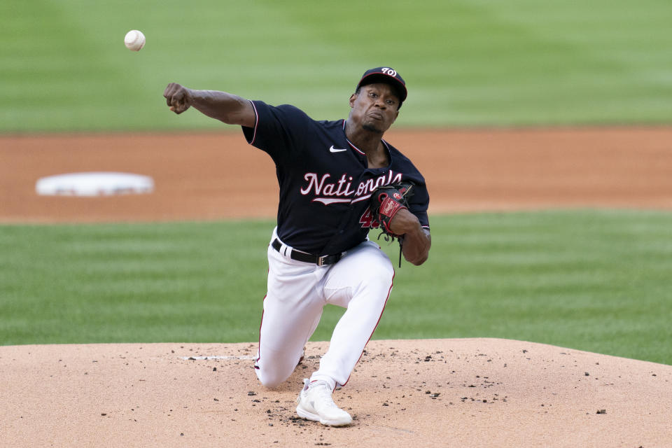 Washington Nationals starting pitcher Josiah Gray delivers during the first inning of the team's baseball game against the Boston Red Sox, Tuesday, Aug. 15, 2023, in Washington. (AP Photo/Stephanie Scarbrough)