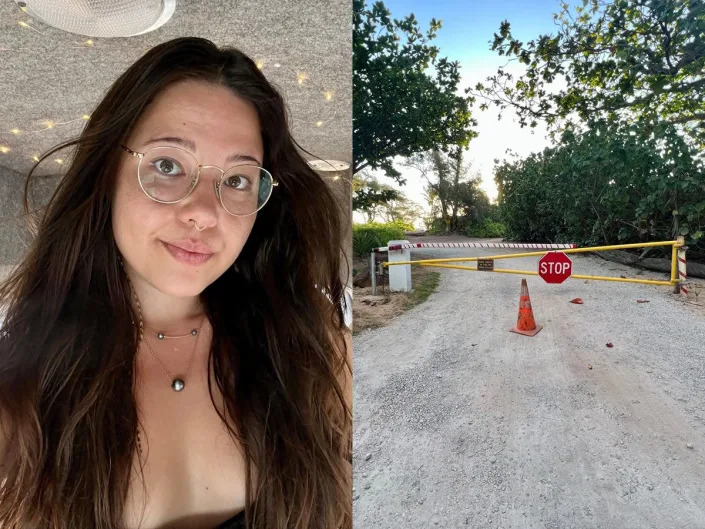 the writer looking unimpressed in the van next to photo of closed gate with 