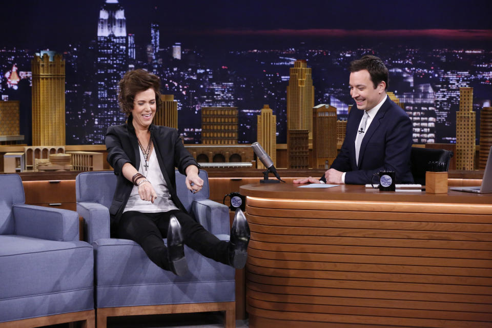 Actress Kristen Wiig during an interview with Jimmy Fallon on February 18, 2014 -- (Photo by: Lloyd Bishop/NBC/NBCU Photo Bank via Getty Images)