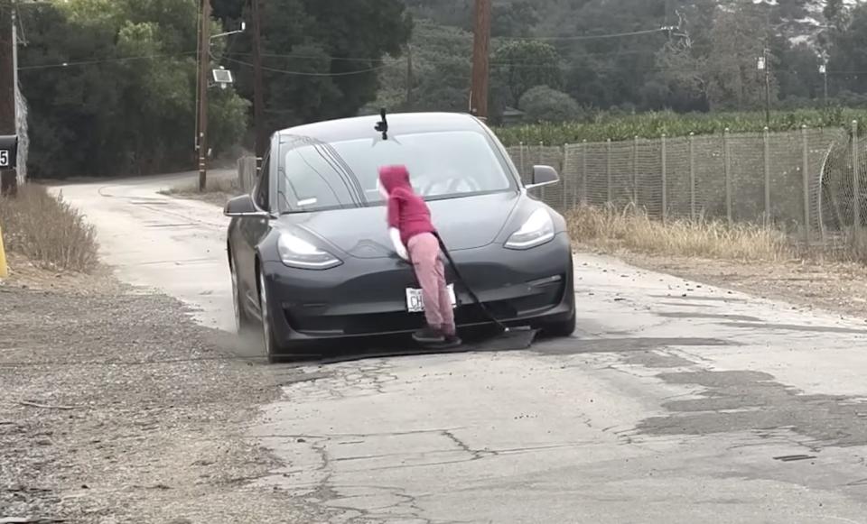 The Dawn Project's Tesla FSD test shows vehicle hitting a mannequin.