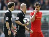 Britain Soccer Football - Liverpool v Everton - Premier League - Anfield - 1/4/17 Liverpool's Dejan Lovren speaks to referee Anthony Taylor at half time Action Images via Reuters / Carl Recine Livepic