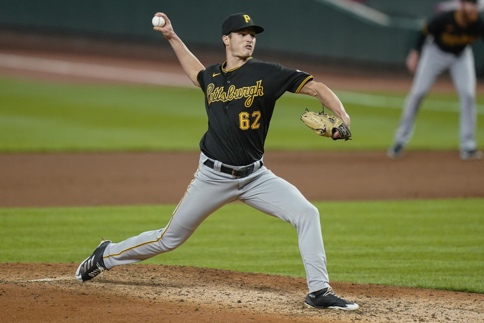 Pittsburgh Pirates pitcher Blake Cederlind throws during the sixth inning of the team's baseball game against the Cincinnati Reds in Cincinnati, Tuesday, Sept. 15, 2020. (AP Photo/Bryan Woolston)