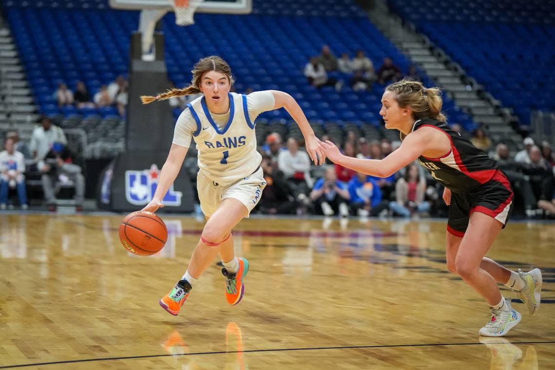 Emory Rains guard Haley Robertson (left) drives around Shallowater’s Linley Wright in a Class 3A state semifinal on Thursday, February 29, 2024 at the Alamodome in San Antonio, Texas. Shallowater upset No. 3 Rains 59-47. Whitney Magness/University Interscholastic League