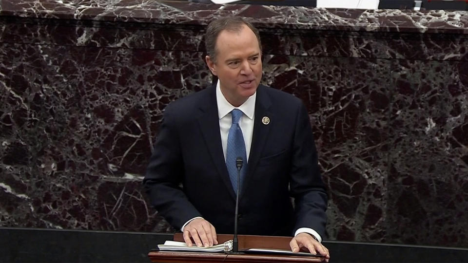 Lead House Manager Rep. Adam Schiff speaks on the Senate floor during the impeachment trial for President Donald J. Trump on Jan. 23, 2020 in Washington, DC. (Screengrab: Senate TV via Yahoo News)