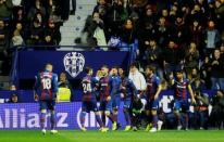 Soccer Football - Copa del Rey - Round of 16 - First Leg - Levante v FC Barcelona - Ciutat de Valencia, Valencia, Spain - January 10, 2019 Levante's Borja Mayoral celebrates scoring their second goal with team mates REUTERS/Heino Kalis