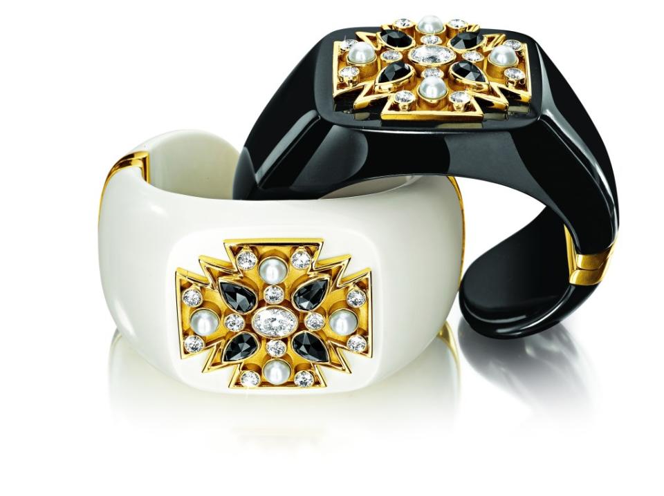 Verdura Maltese Cross cuffs with 18-k yellow gold, diamonds and pearls in black jade, $57,500, and cocholong, $59,500 Antfarm Photography
