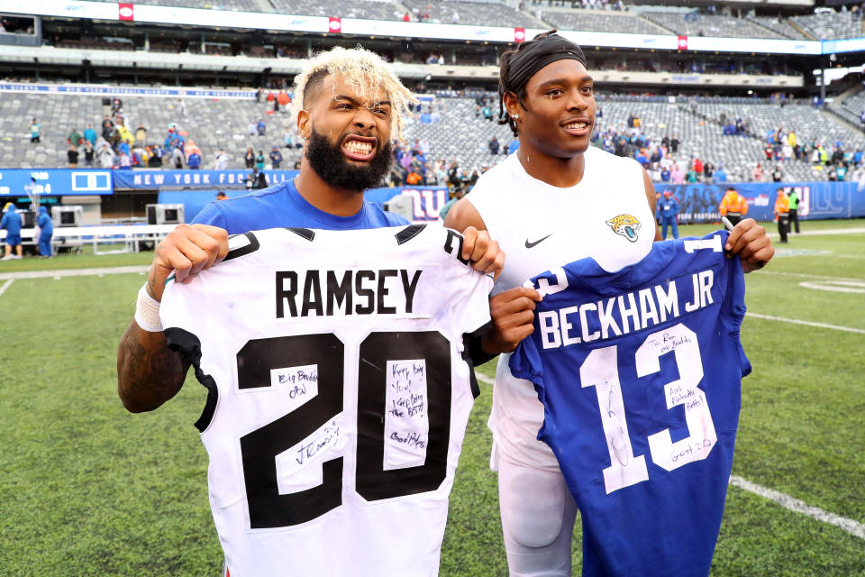 Where most find themselves on the end of Jalen Ramsey’s wrath, it was nothing but love with Odell Beckham after Sunday’s Giants-Jaguars game. (Getty)
