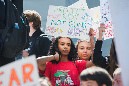 Students from schools across Los Angeles attend a nationwide protest on the 19th anniversary of the Columbine school shooting in Los Angeles, California, U.S. April 20, 2018. REUTERS/Andrew Cullen