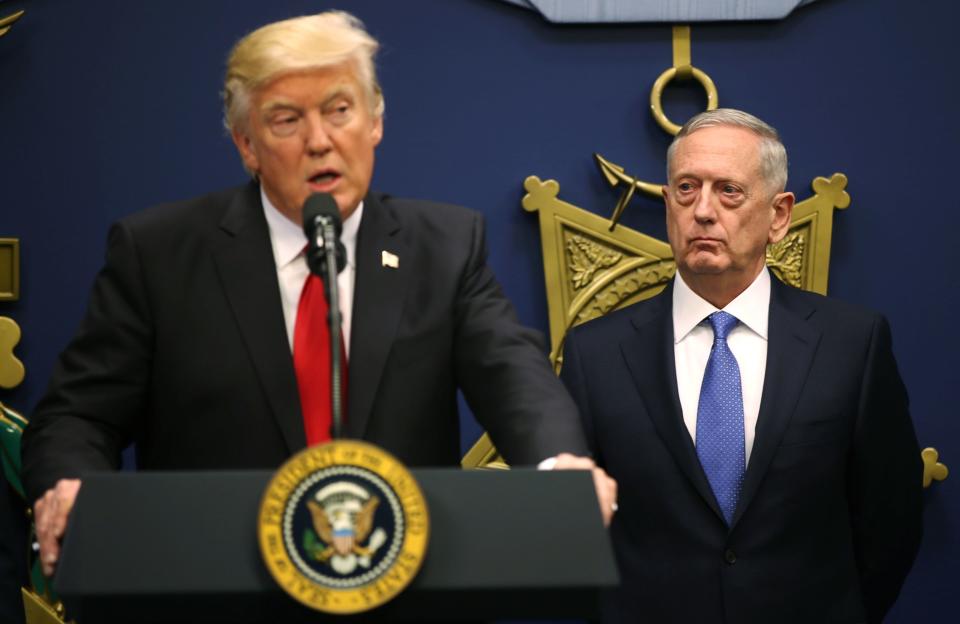 Defense Secretary James Mattis listens to remarks by Trump on Jan. 27. If someone refused to carry out a nuclear launch order, the president could direct the secretary of defense to fire that person.&nbsp; (Photo: Carlos Barria / Reuters)