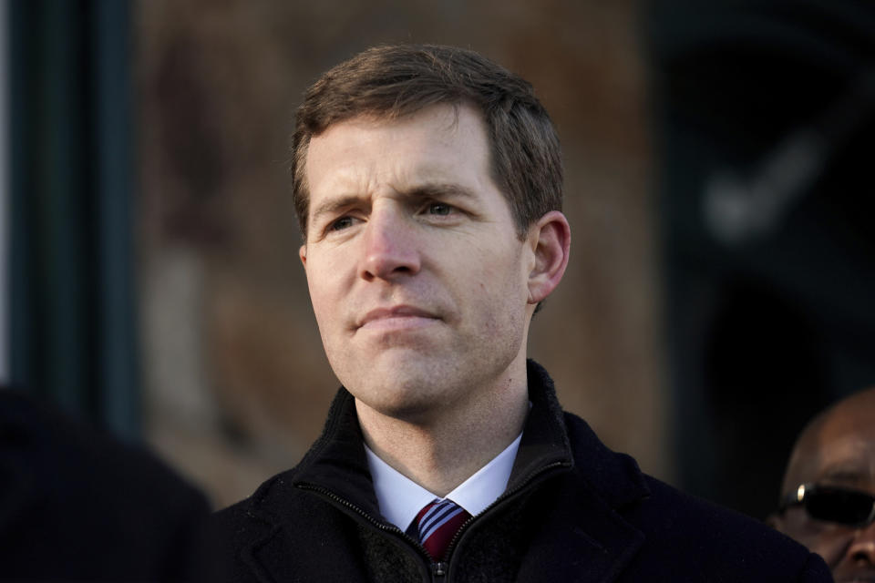 FILE - U.S. Senate candidate U.S. Rep. Conor Lamb, D-Pa., listens as he is introduced during a campaign event in Glenside, Pa., Jan. 27, 2022. Pennsylvania’s Democratic Party committee members backed U.S. Rep. Conor Lamb by 2 to 1 in an endorsement vote over Lt. Gov. John Fetterman in the primary race for the state's open U.S. Senate seat. (AP Photo/Matt Rourke, File)