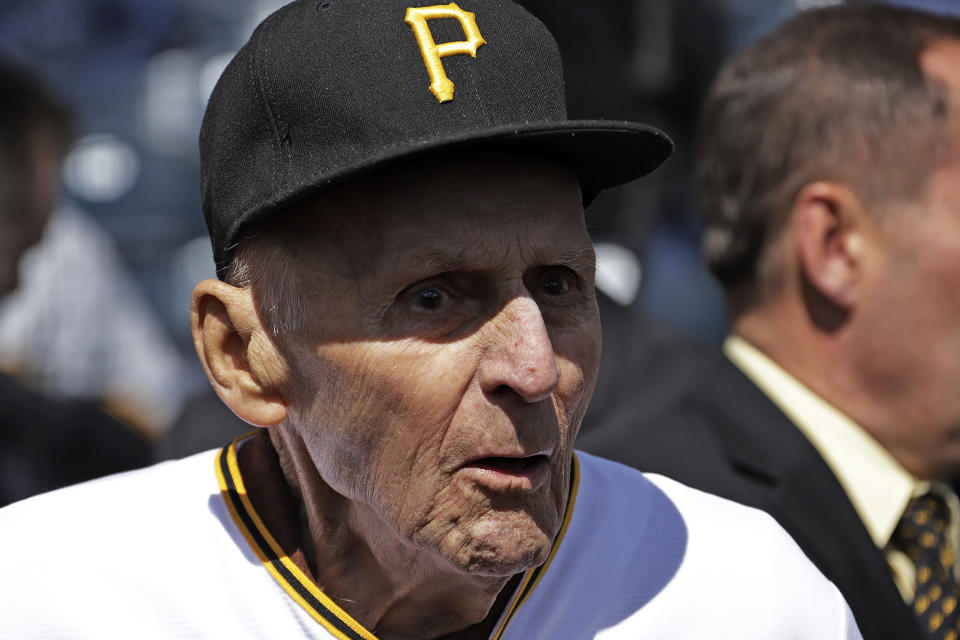 FILE - Former Pittsburgh Pirates shortstop Dick Groat is shown during pregame ceremonies honoring his lifetime of service to the Pirates organization, before a baseball game against the St. Louis Cardinals in Pittsburgh, Monday, April 1, 2019. Groat, a two-sport star who went from All-American guard in basketball to a brief stint in the NBA to ultimately an All-Star shortstop and the 1960 National League MVP while playing baseball for his hometown Pittsburgh Pirates, has died. He was 92. Groat's family said in a statement that Groat died early Thursday morning, April 27, 2023, at UMPC Presbyterian Hospital due to complications from a stroke. (AP Photo/Gene J. Puskar, File)