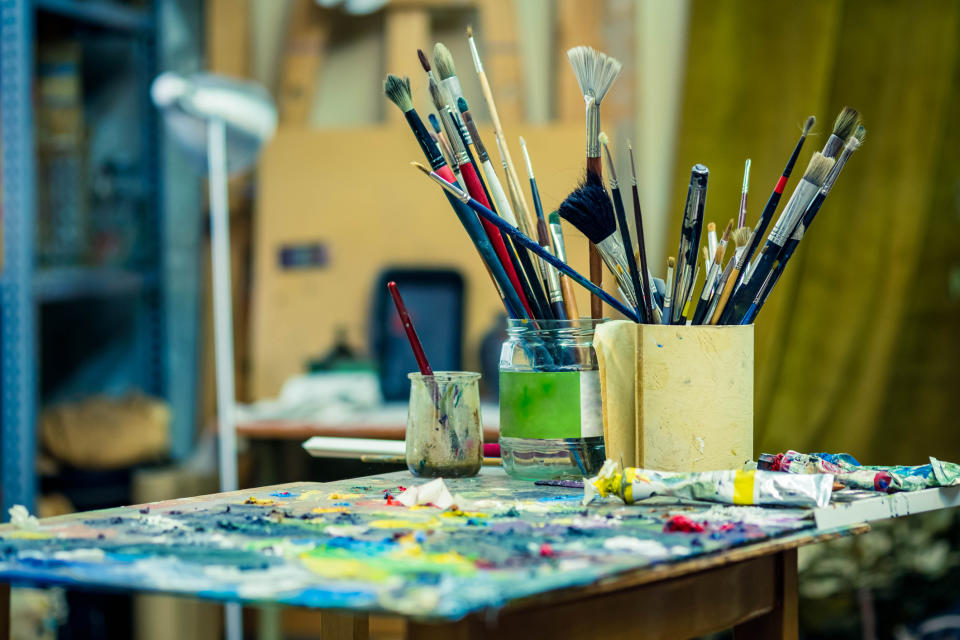 art supplies on a colorful table