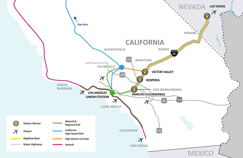 El tren del desierto de Brightline conectaría con el sistema de trenes de cercanías Metrolink de Los Ángeles y, algún día, con la red de trenes de alta velocidad de California.