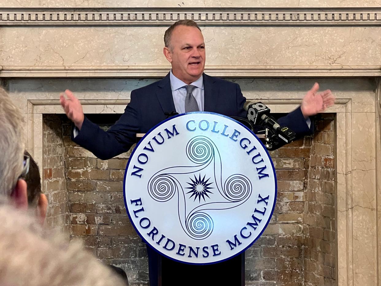 New College of Florida President Richard Corcoran addresses a crowd at the school's Thursday announcement of a partnership with Ricketts Great Books College for an online classical liberal arts program.