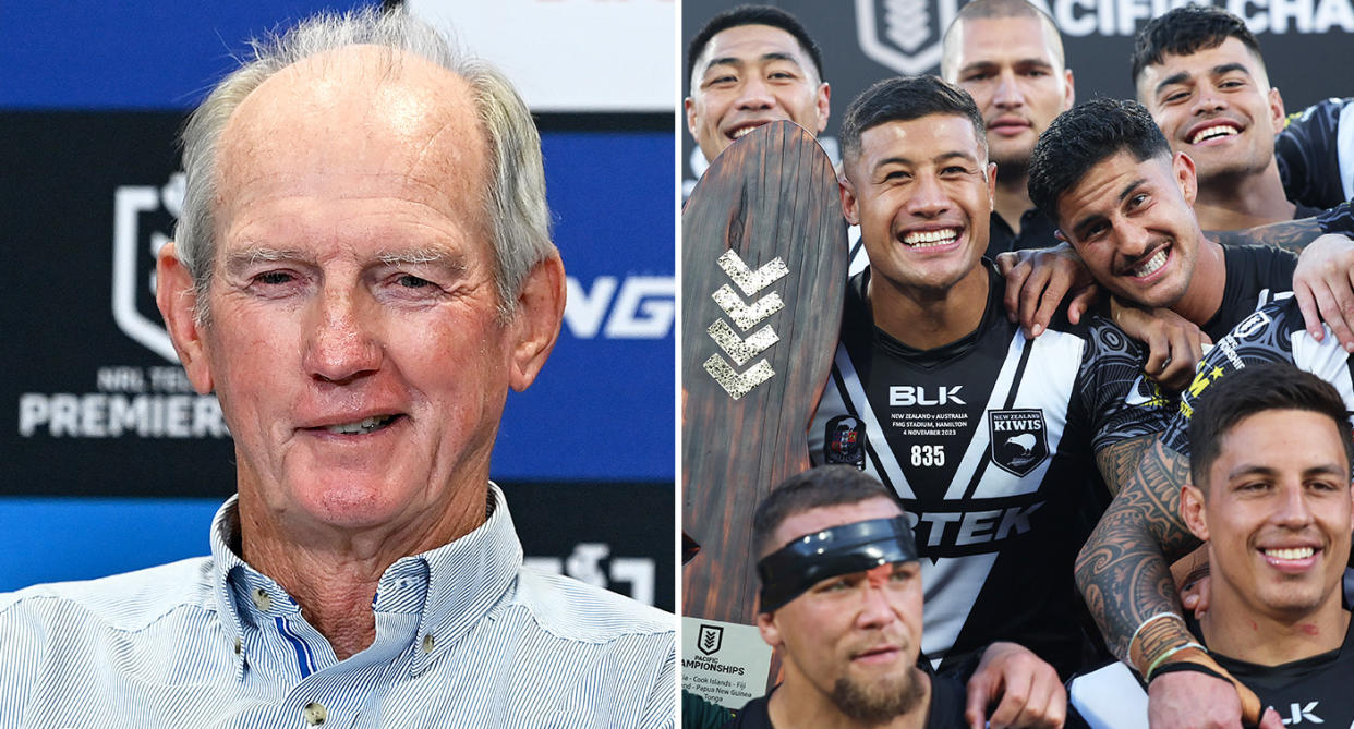 Pictured Wayne Bennett left and New Zealand rugby league team right