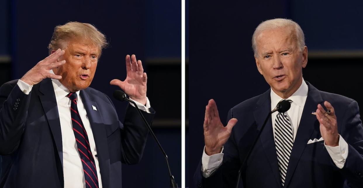 Polls showed Joe Biden, right, holding double-digit leads over Donald Trump, left, in the run-up to the 2020 election, but he won election by only 4.5 percentage points. <a href="https://newsroom.ap.org/detail/Election2020TrumpBidenDebate/775bdcaa25584fc784badbc3b85f5b51/photo?Query=(persons.person_featured:%22Joe%20Biden%22)%20AND%20(persons.person_featured:%22Donald%20Trump%22)%20AND%20%20(Trump%20Biden)%20&mediaType=photo&sortBy=arrivaldatetime:desc&dateRange=Anytime&totalCount=2&currentItemNo=1" rel="nofollow noopener" target="_blank" data-ylk="slk:AP Photo/Patrick Semansky, File;elm:context_link;itc:0;sec:content-canvas" class="link ">AP Photo/Patrick Semansky, File</a>