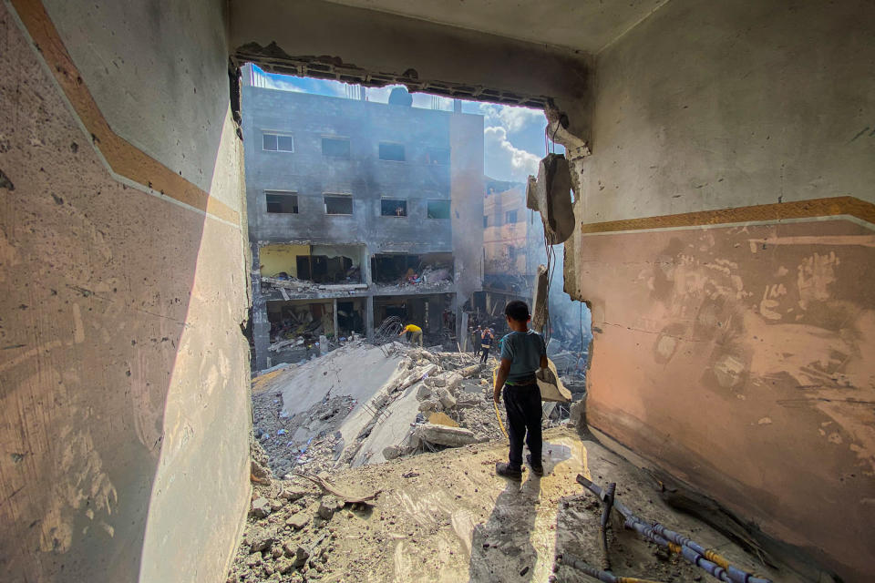 The eight-month-long war of Israel in Gaza has devastated neighborhoods into rubles during the clashes with Hamas fighters.  (Khames Alrefi / Middle East Images/AFP via Getty)