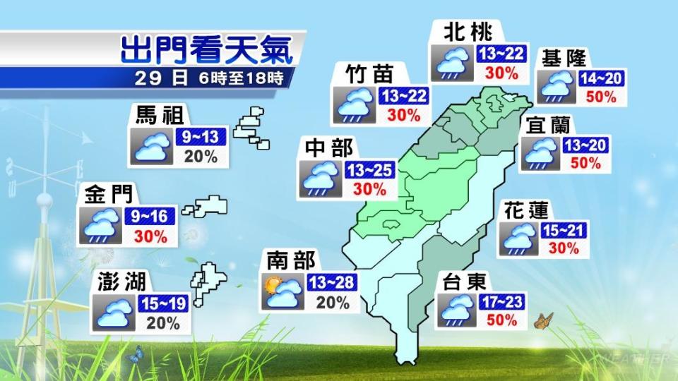 今日中部以北及東半部地區有降雨機率，下半天水氣將逐漸減少。（圖／TVBS）