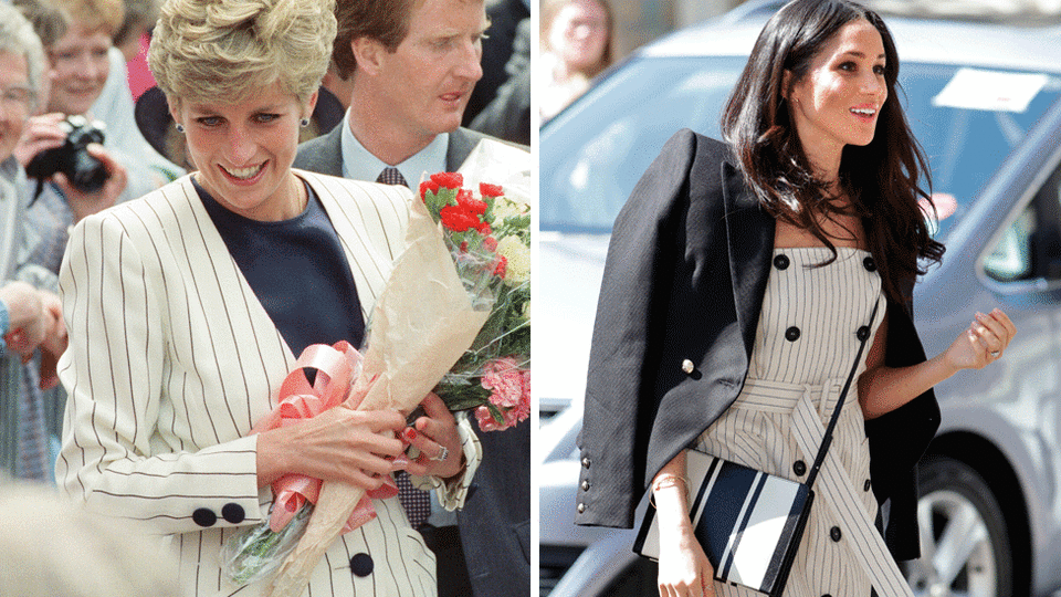 <p>The Princess of Wales is pictured on a visit to Sheffield in 1991 and Meghan Markle is seen out in London in 2017. Source: Getty </p>