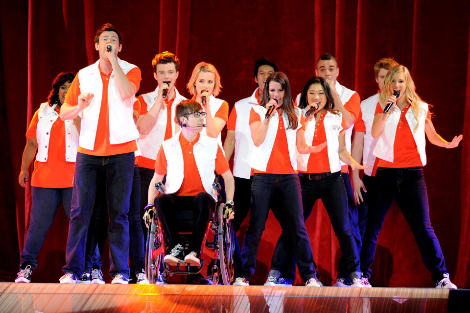 LOS ANGELES, CA - MAY 28: (L-R) Actors/singers Amber Riley, Cory Monteith, Chris Colfer, Kevin McHale, Dianna Agron, Harry Shum Jr., Lea Michele, Jenna Ushkowitz, Mark Salling, Chord Overstreet and Heather Morris perform at Glee Live! at the Staples Center on May 28, 2011 in Los Angeles, California. (Photo by Kevin Winter/Getty Images)